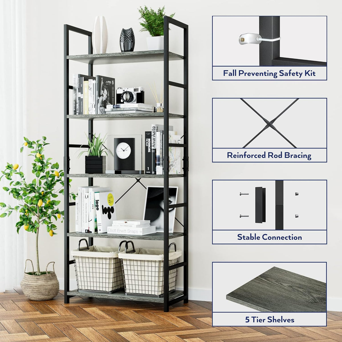 NUMENN 5 Tier Bookshelf, Tall Bookcase Shelf Storage Organizer, Modern Book Shelf for Bedroom, Living Room and Home Office, Dark Grey