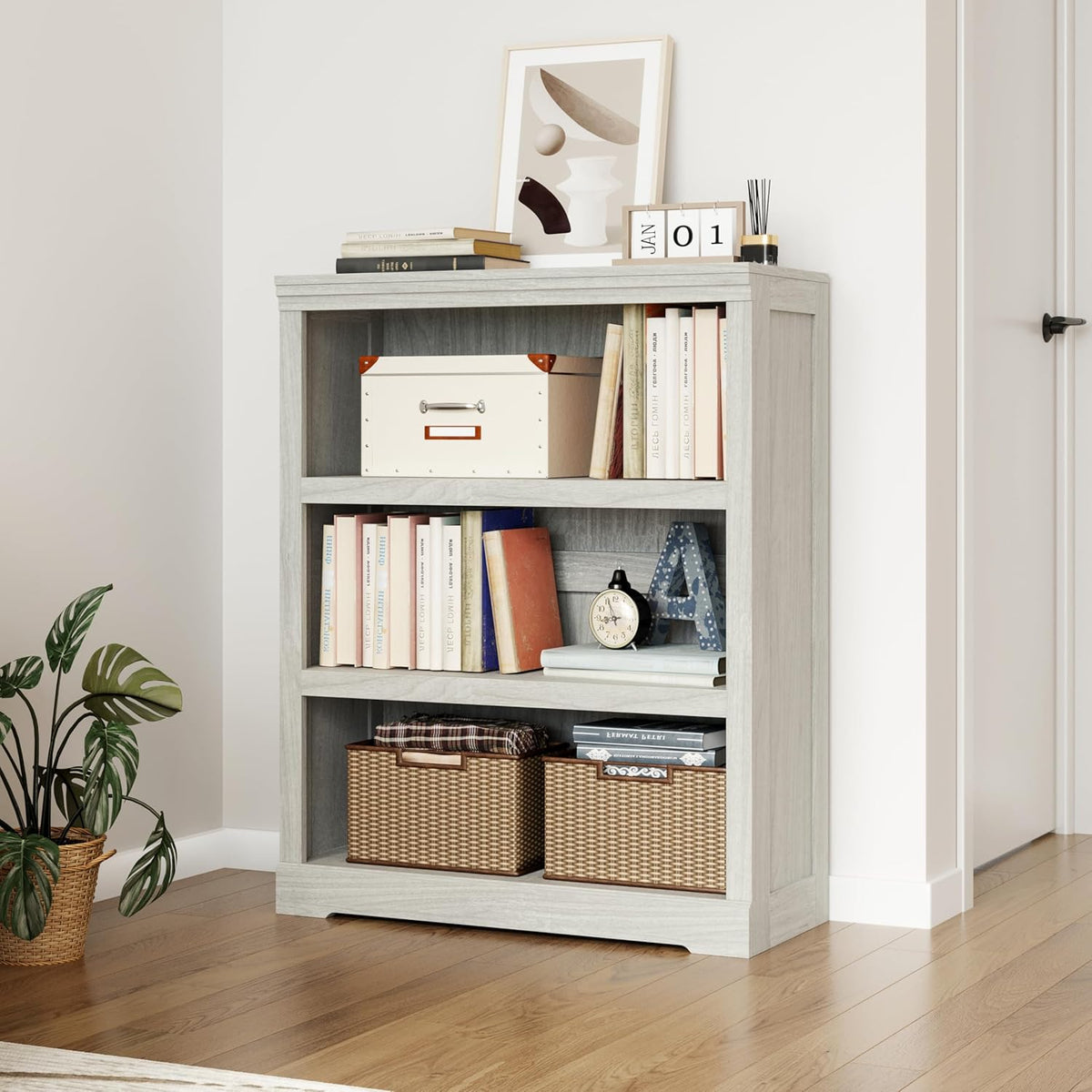 LINSY HOME 3-Tier Bookcase and Bookshelf, Small Wood Display Storage Shelves Farmhouse Bookshelf for Home Office, Living Room, Bed Room - White Oak