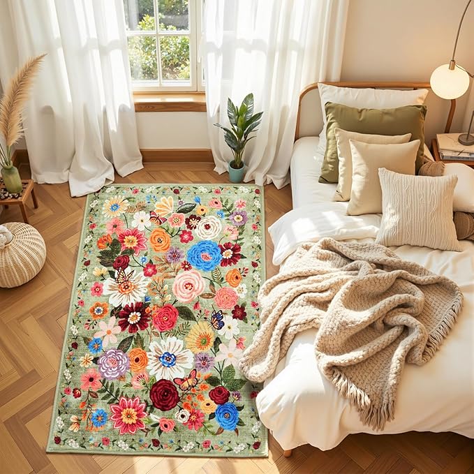 Floral Machine Washable Rug Green, 3x5 Rug Non Slip Soft Bedroom Rugs