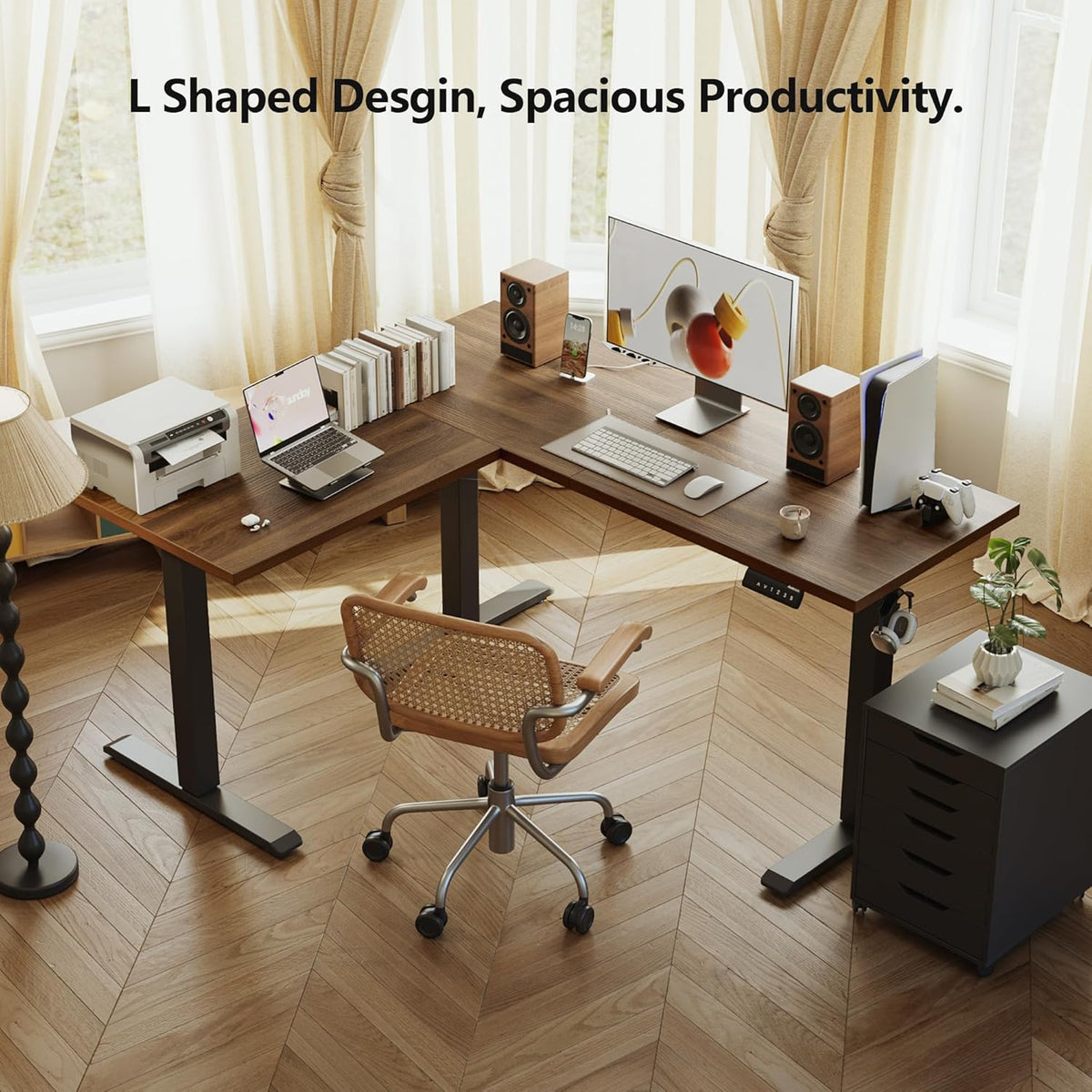 Agilestic 59 Inch L Shaped Standing Desk Adjustable Height, Electric Corner Standing Desk, Sit Stand Computer Table with Splice Board, Dark Walnut