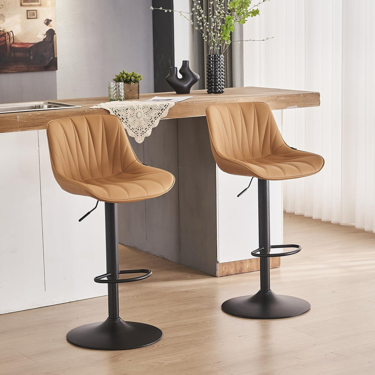 YOUNIKE Saffron Bar Stools Set of 2, Tan Swivel Barstools for Kitchen Island, Adjustable Leather Padded Bar Chairs with Back, Modern Counter Height Stools with 300LBS Support