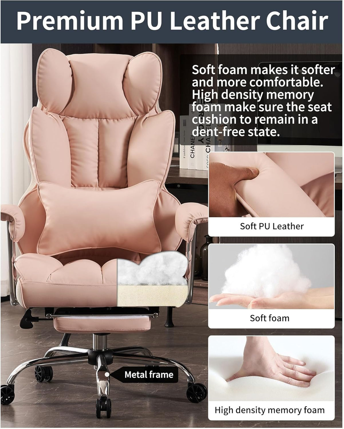 Efomao Big and Tall Office Chair 400LBS, Heavy Duty Executive Office Chair with Foot Rest, Home Office Desk Chairs, Pink Big Tall Computer Chair