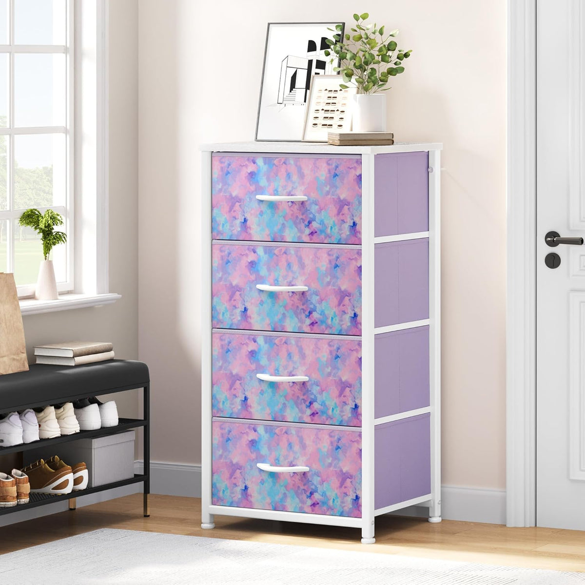 DWVO Dresser with 4 Drawers - Storage Tower Unit, Dresser for Bedroom, Living Room, Closets - Sturdy Steel Frame, Wooden Top & Easy Pull Fabric Bins, Purple