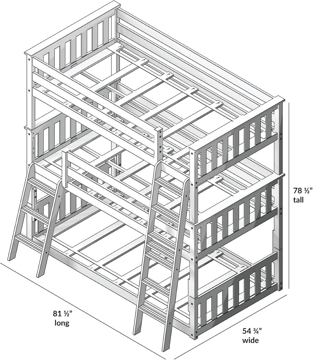 Max & Lily Triple Twin Bunk Bed, Solid Wood Bed Frame For Kids, No Box Spring Needed, Easy Assembly, White