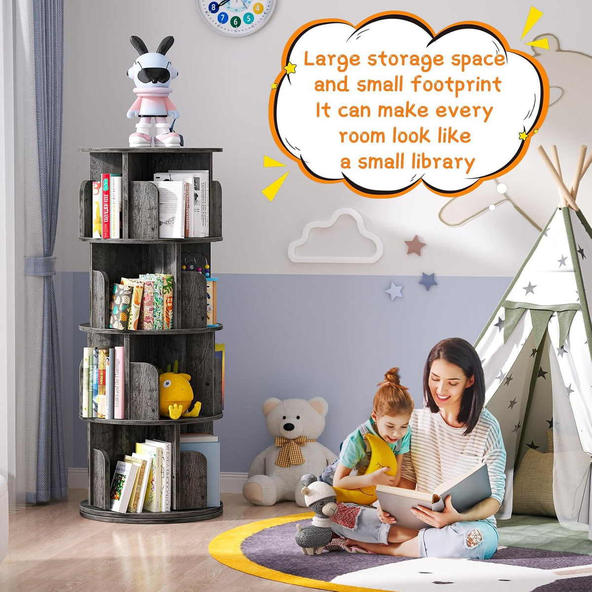 Rotating Bookshelf, Wood Corner Bookshelf, 360 Display Spinning Bookcase Storage Rack, 4 Tier Floor Standing Revolving Bookcase Narrow Book Shelf Organizer for Small Space, Bedroom, Grey Oak