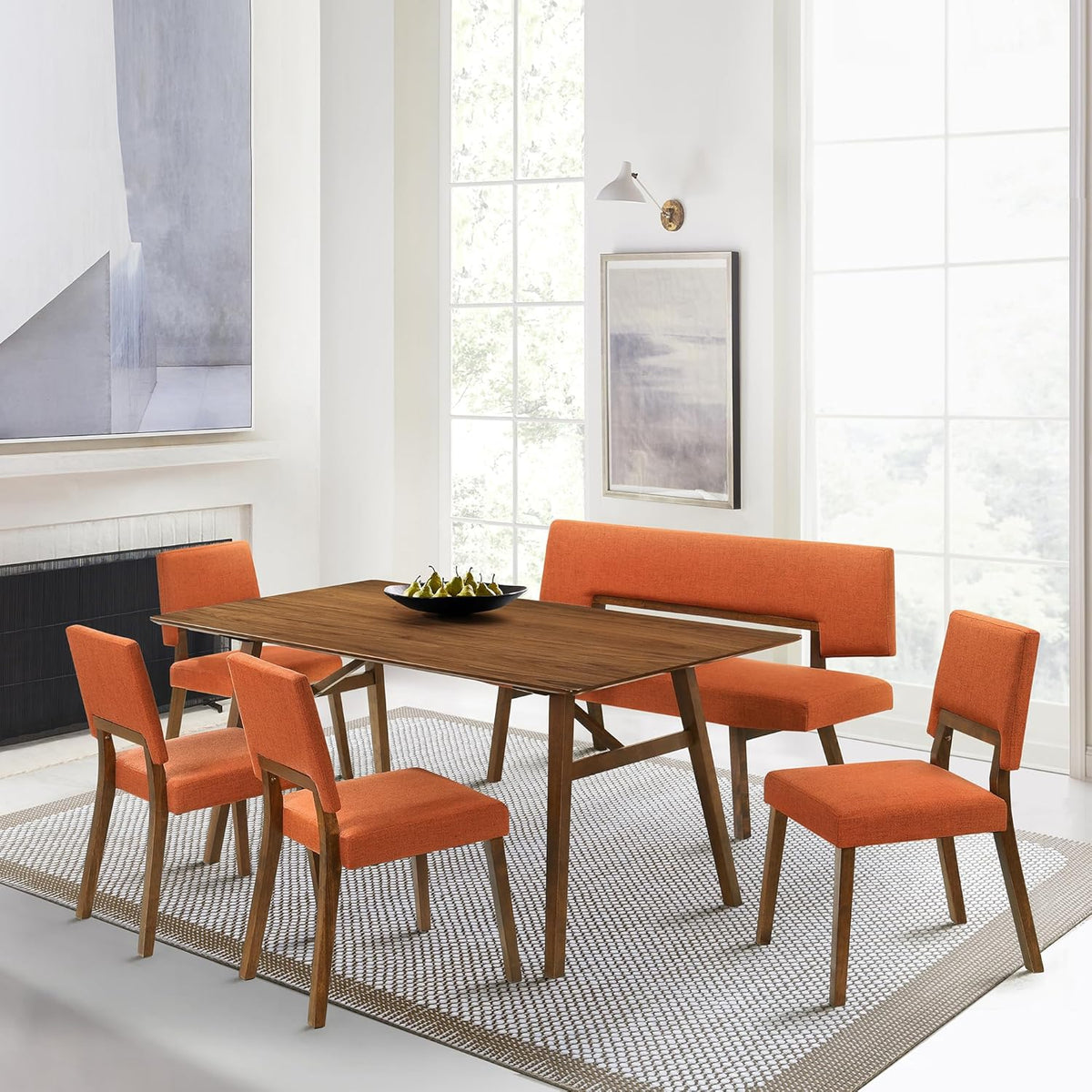 Armen Living Channell Mid Century Modern 6 Piece Walnut Wood Dining Table Set with Bench in Orange Fabric