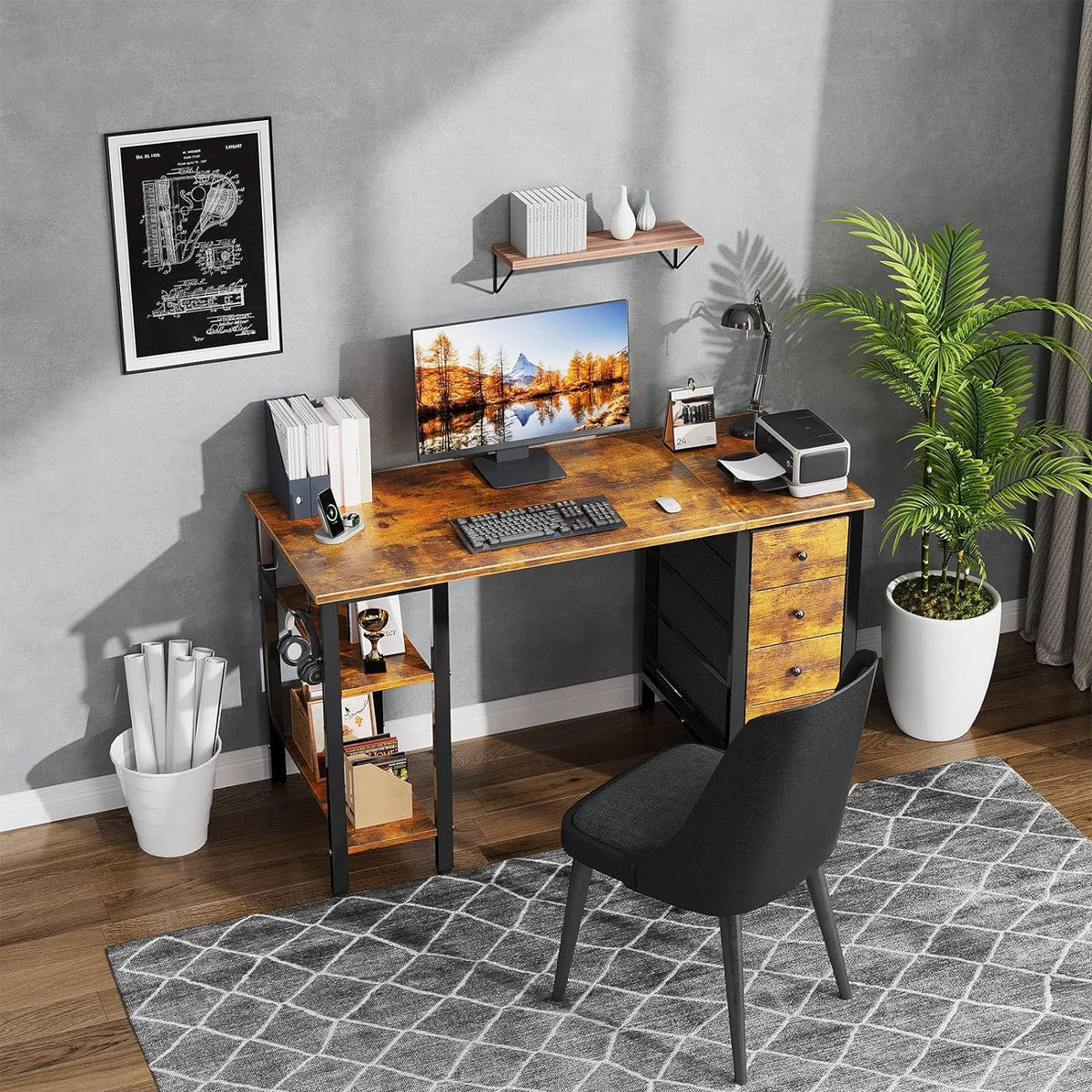 Lufeiya 47 inch Desk with 4 Drawers & Storage Shelves, Writing Work Study Computer Desk for Home Office Bedroom, Modern Simple Student PC Desks Table, Rustic Brown