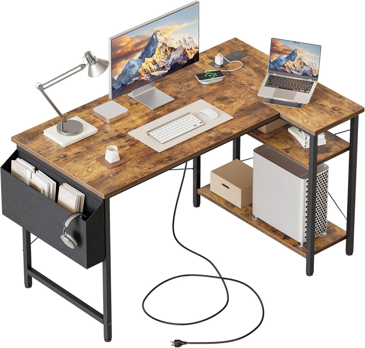 Small L Shaped Computer Desk with Power Outlets, Gaming Desk for Small Spaces, Corner Desk with Reversible Storage Shelves, Study Writing Table for Home Office (Socket, Rustic Brown, 48 inch)
