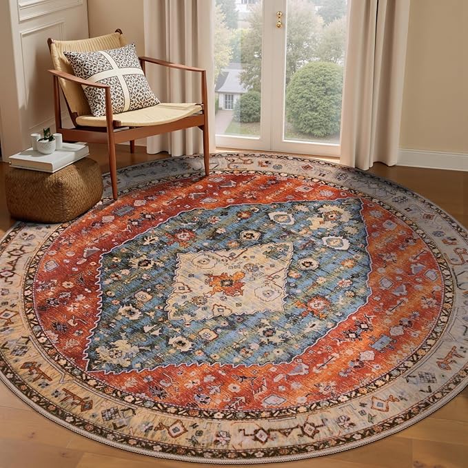 SERISSA Boho Round Area Rug, 6ft Washable Non-Slip Circle Rug, Ultra Soft