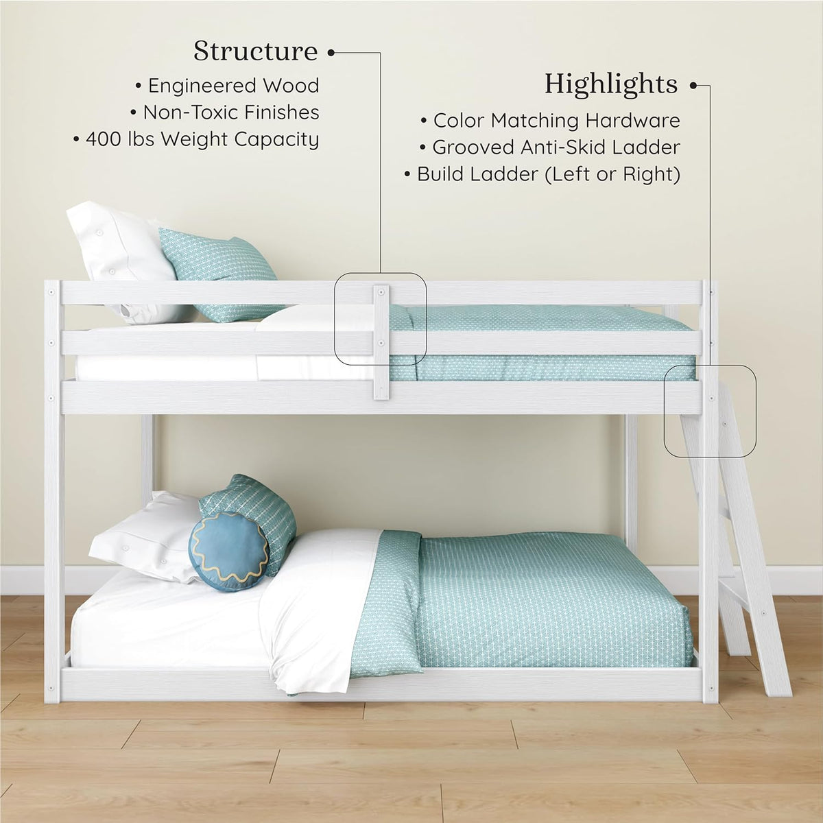 Grain & Grove Bear Twin Over Twin Bunk Bed, Low Bunk Bed Frame for Kids, Bunk with Ladder, Guardrail, and Slats, No Box Spring Required, Brushed White
