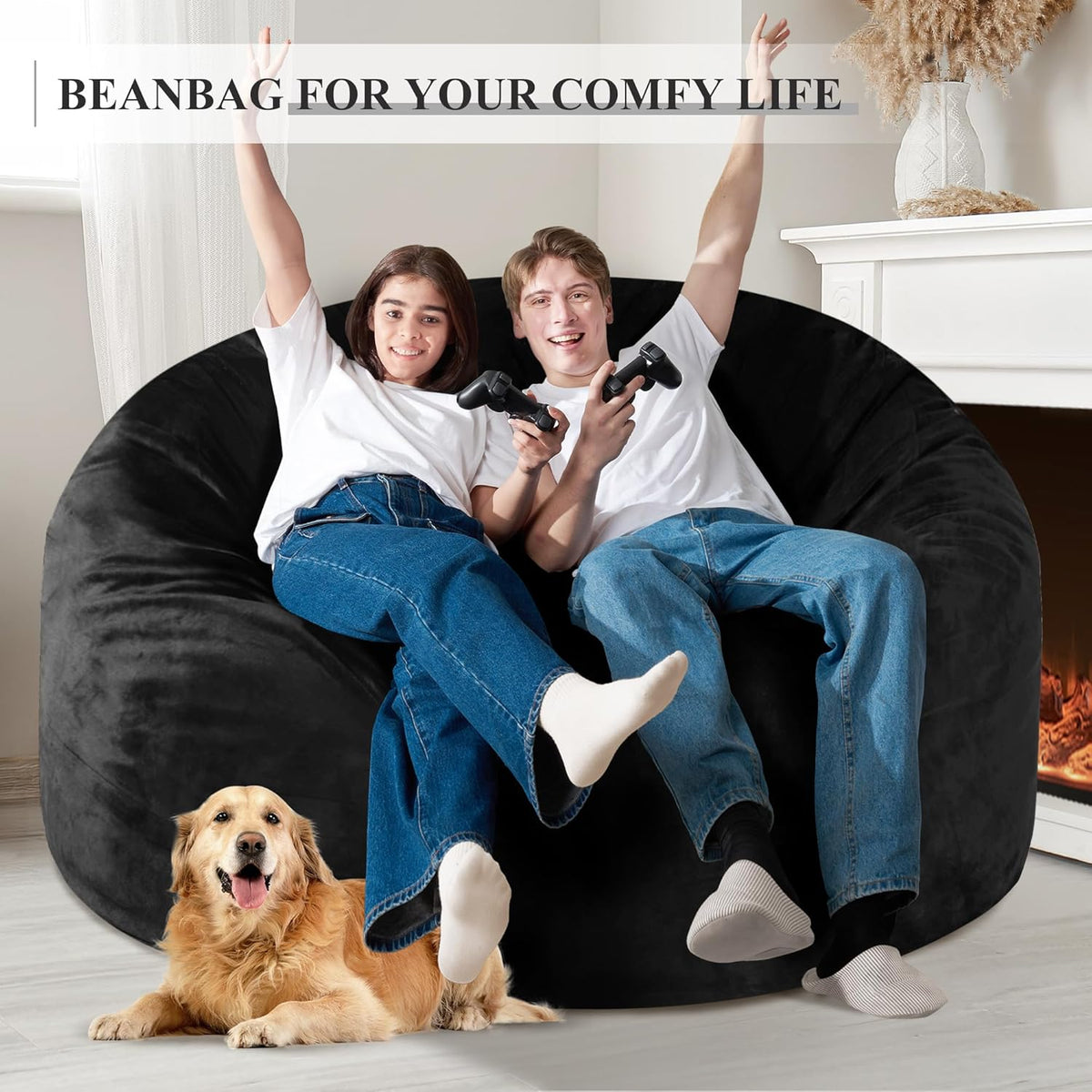 Homguava 5FT Bean Bag Chair Giant BeanBag with Memory Foam Filled, Comfy Bean Bag Chairs for Adults, Adult Bean Bag Chair with Dutch Velvet Cover for Living Room Bedroom-Black