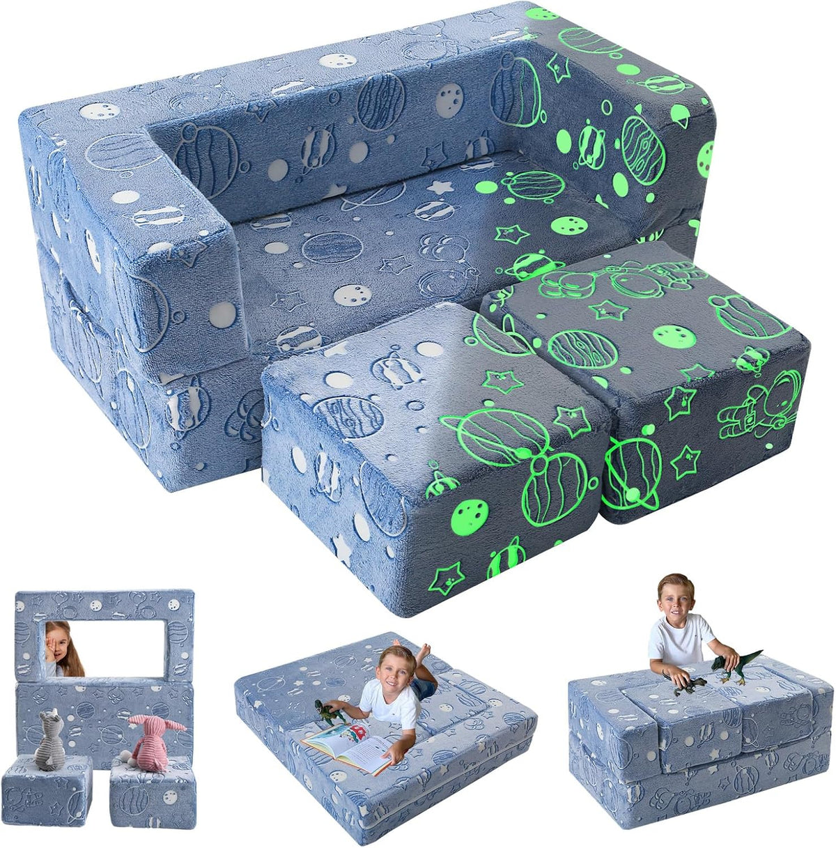 MeMoreCool Glow in The Dark Space Kids Modular Play Couch, Blue Fold-Out Foam Lounge Chair Sofa for Girls and Boys, Bedroom and Playroom