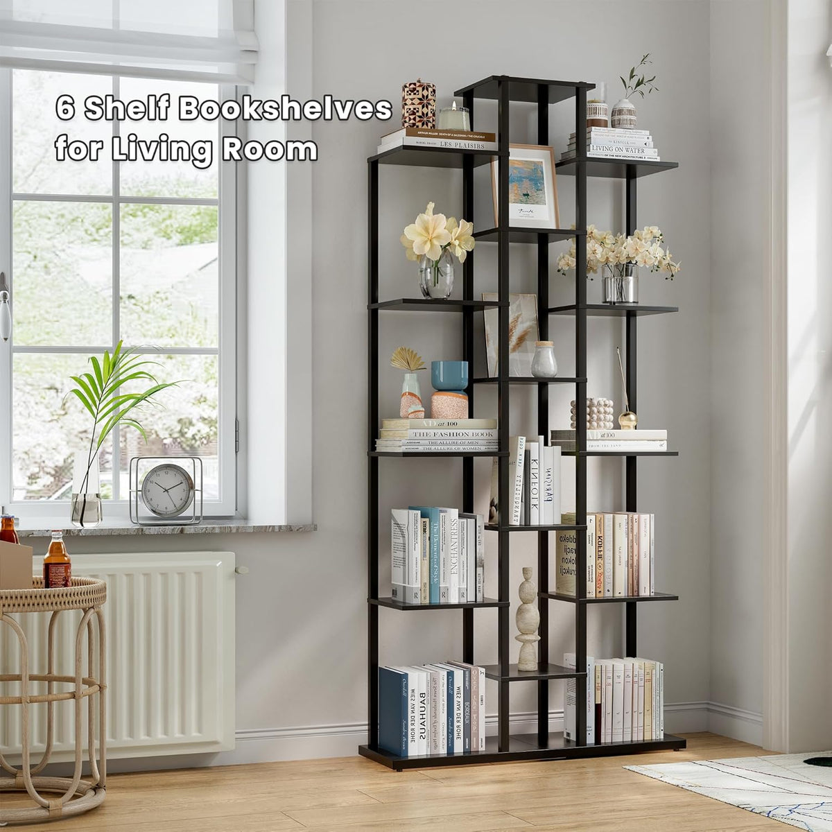 Bookshelf，Small Bookcase for Small Space，6-Tier Bookshelf for Living Room, Home Office, Study，7.87 x 26.77 x 55.5 Inches,Black