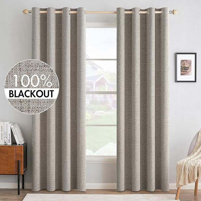 MIULEE Linen Curtains for Bedroom Solid 100% Blackout Thermal Insulated Greige