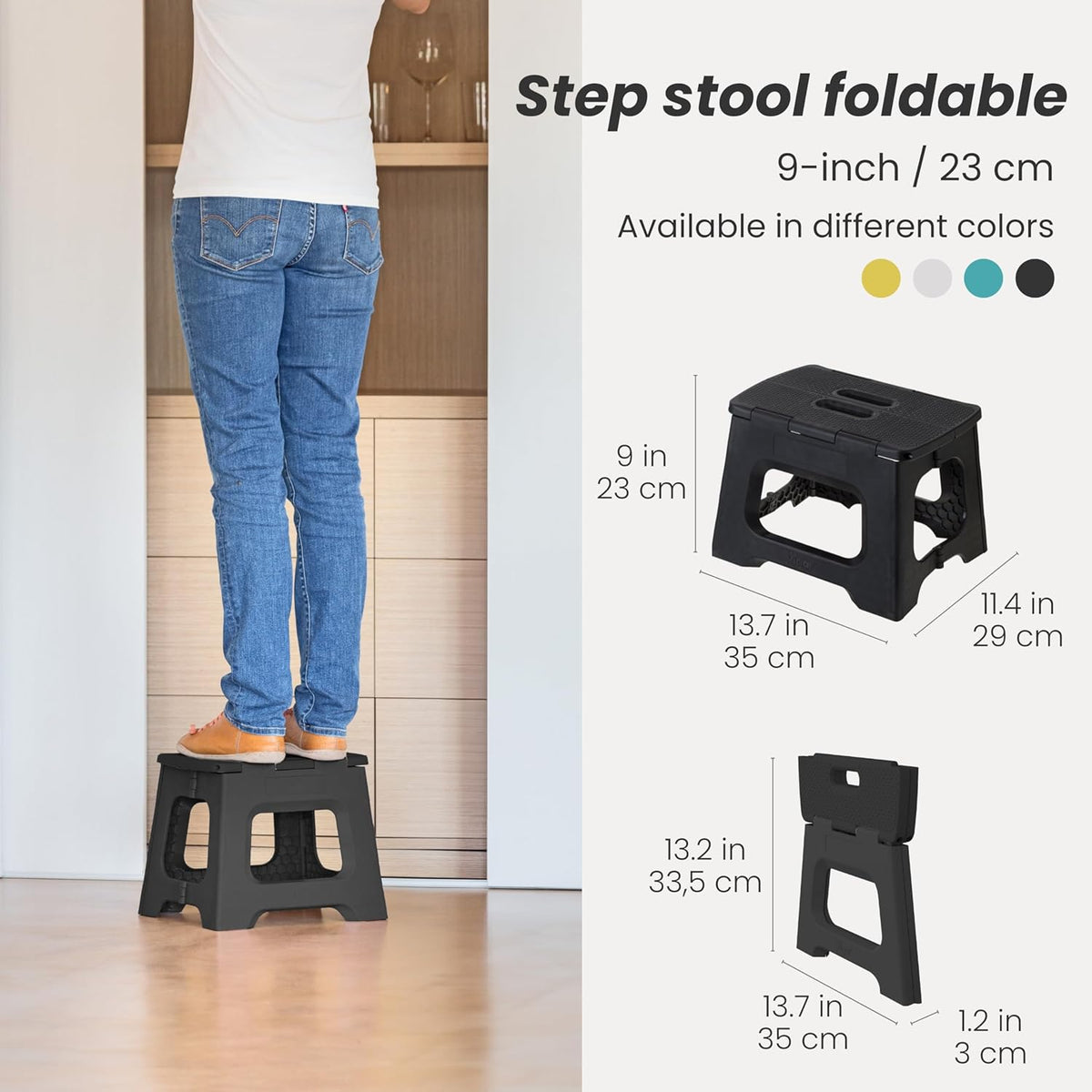 Vigar Compact Step Stool Foldable, 9-inch Step Stools for Adults up to 330 Pound, Lightweight Stool, Non-Slip Folding Step Stool, Black
