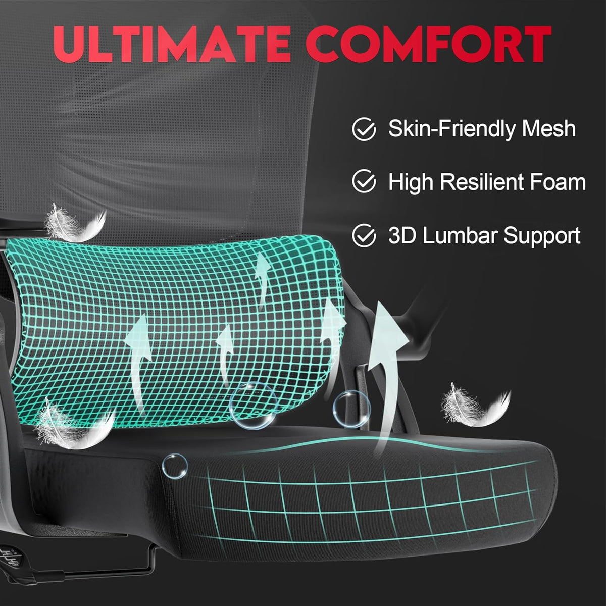 Big and Tall Ergonomic Office Chair - 400LB Comfy Desk Chairs with Headrest and Back Support, Heavy Duty Mesh Computer Chairs with Wheels and Arms for Home Office, Study, Bedroom and Dorm