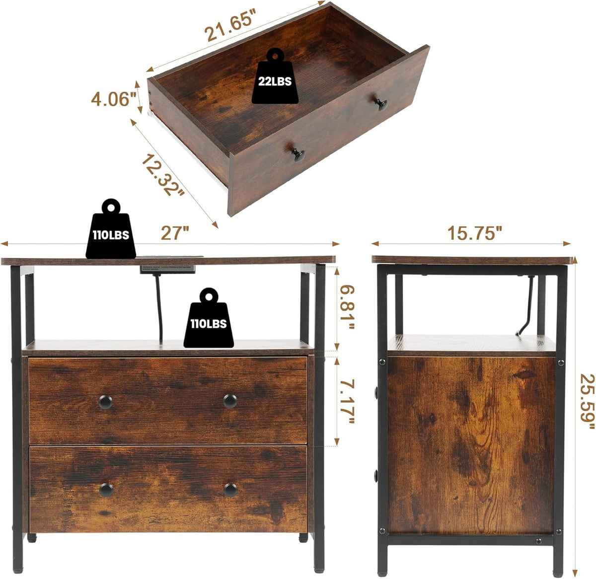 27 inch Wide Nightstand with Charging Station, Bedside Table with Open Shelf, 2 Drawers Small Wood Dresser, End Side Table for Bedroom (Rustic Brown)