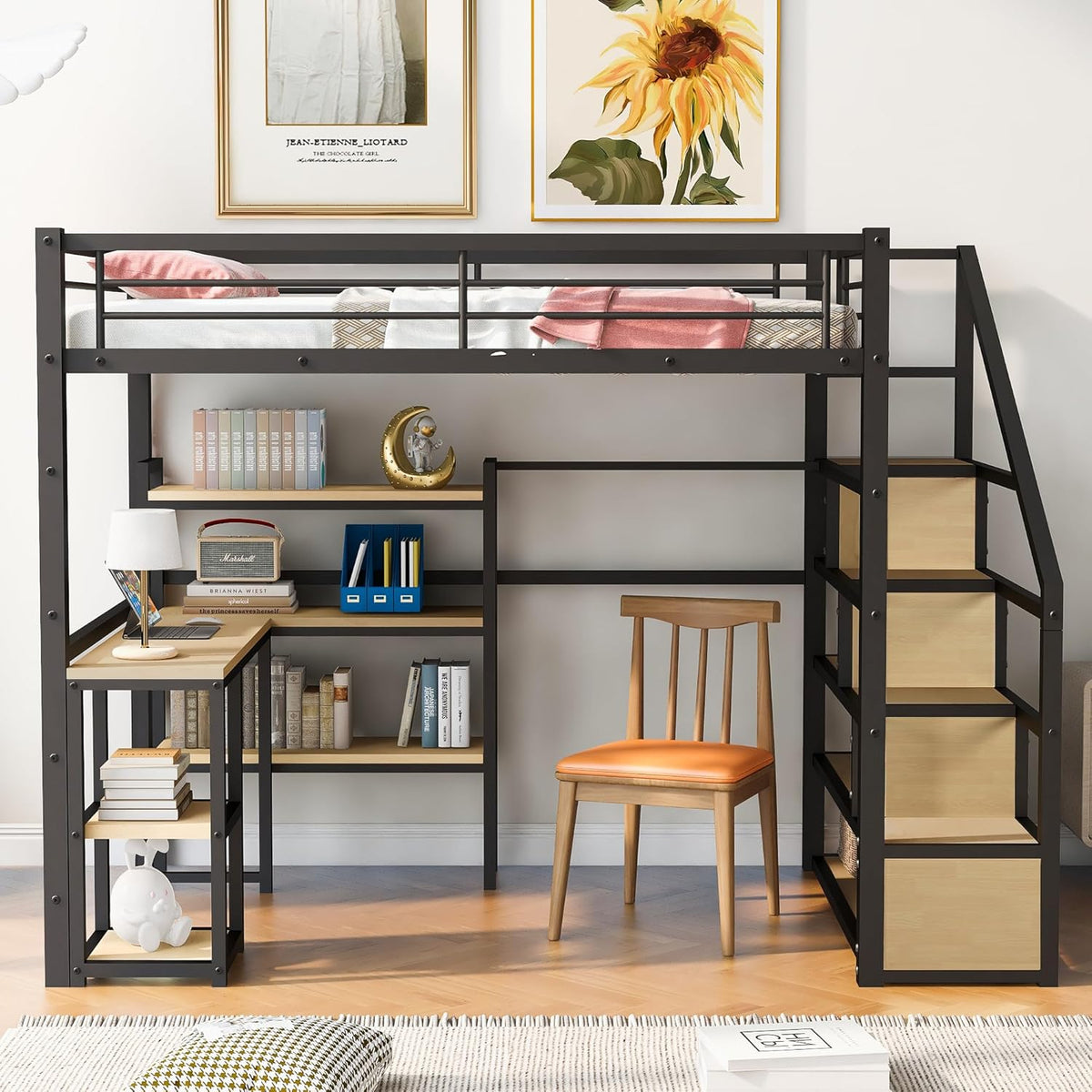 Full Size Metal Loft Bed with Staircase,Full-Length Guardrails,a Built-in Desk and a 3-Tier Shelf,No Box Spring Needed,Noise Free,for Juniors&Adults,Black
