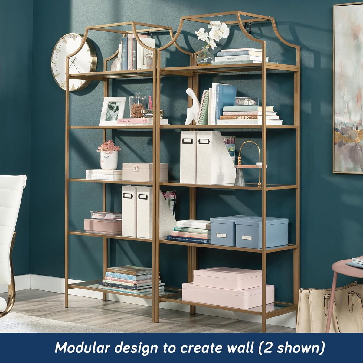 Sauder International Lux Bookcase/ book shelf, Satin Gold finish