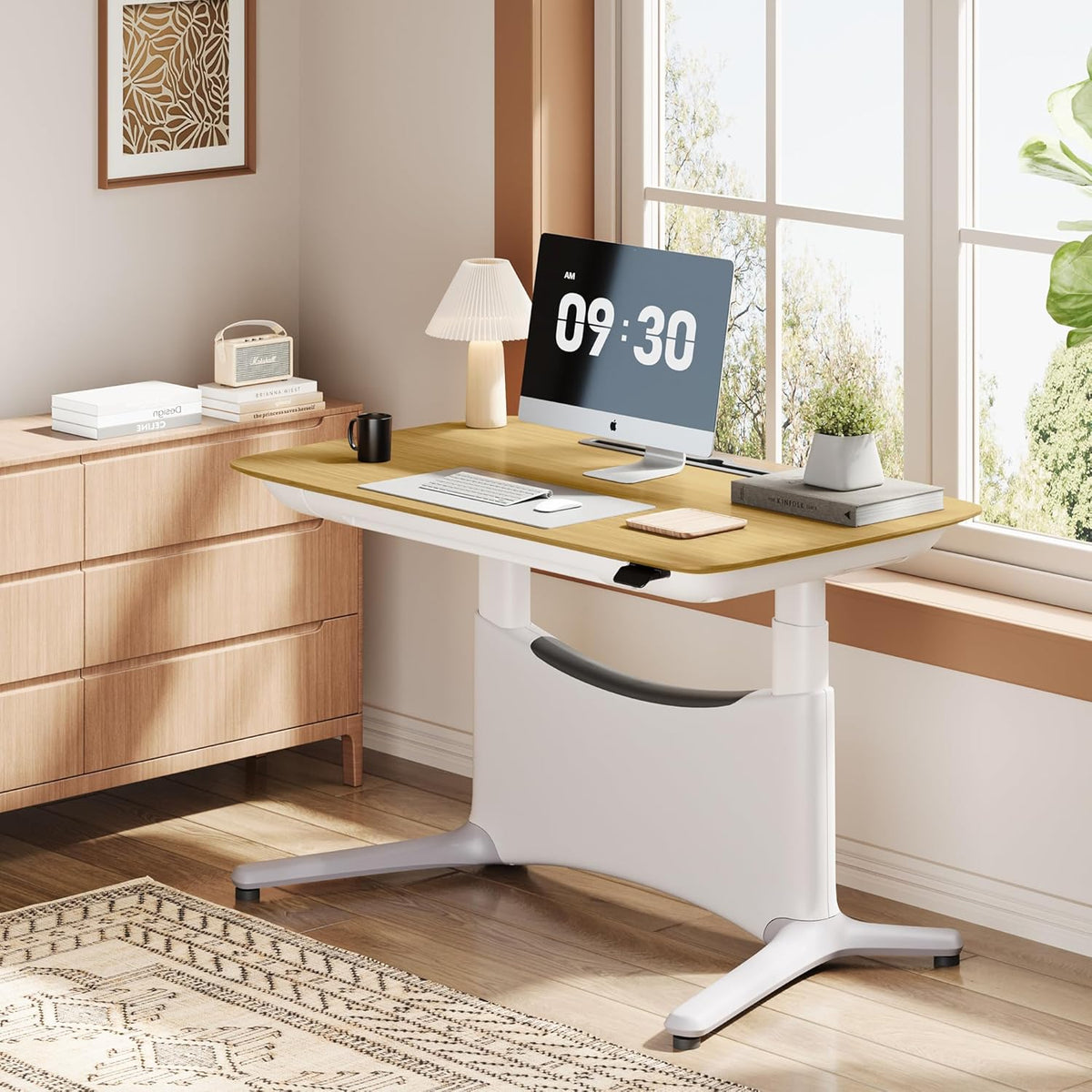 COLAMY Electric Adjustable Standing Desk – 48 x 28 Inch Sit Stand Desk with Drawer & Cable Management, Dual Motor Lift System, Ergonomic Footrest, Home Office Table (Veneer Desktop, Oak + White)