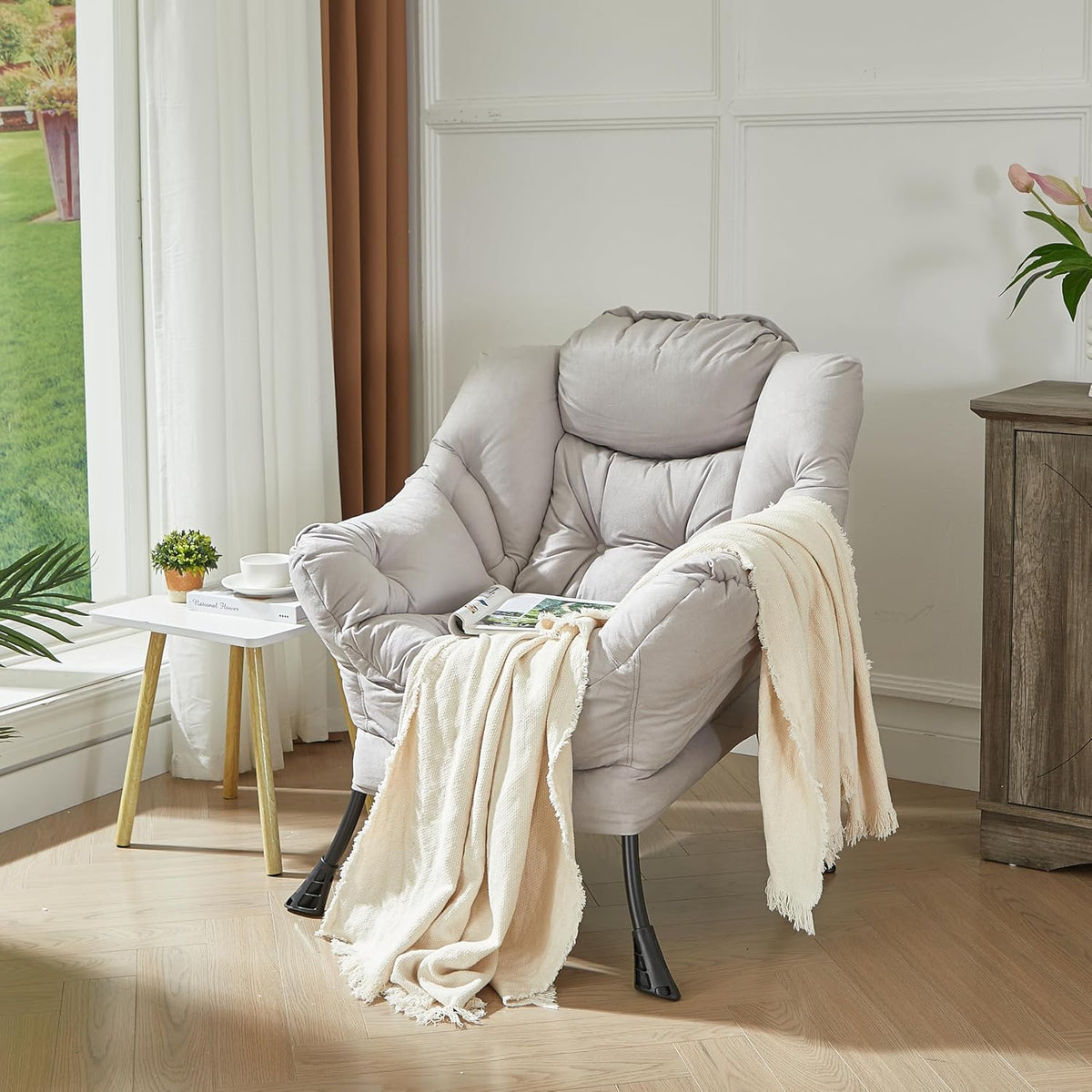 HollyHOME Modern Large Cotton Fabric Lazy Chair，Accent Contemporary Lounge Chair, Single Steel Frame Leisure Sofa Chair with Armrests and A Side Pocket, Grey