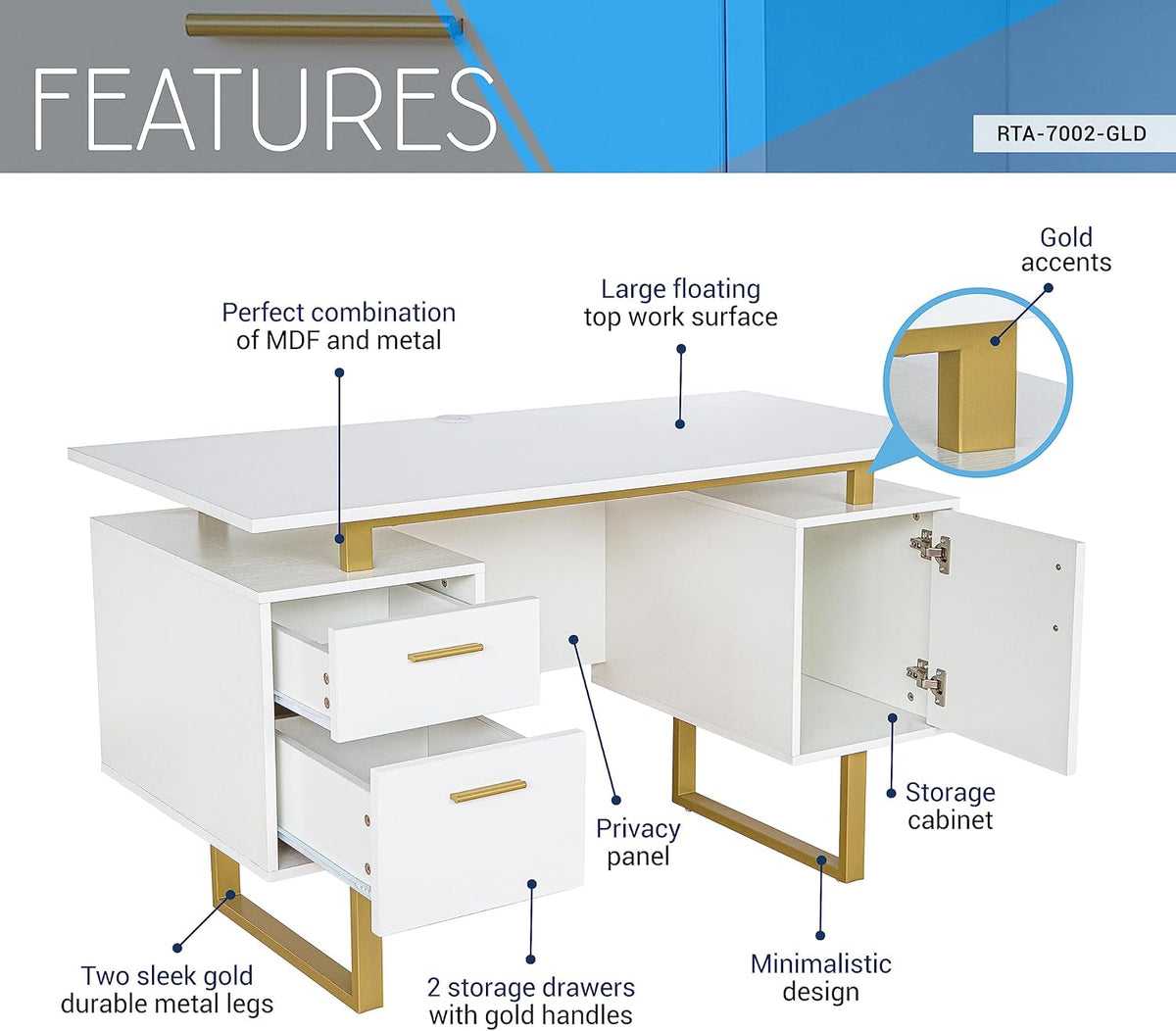 Techni Mobili Storage Drawers and Cabinet 51.25” W-Modern Office Large Floating Desktop Surface Desk, 23.6" D x 51.2" W x 29.8" H, White/Gold