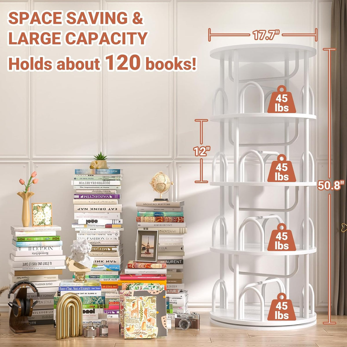 Aheaplus 4 Tier Rotating Bookshelf Tower, 360 Display Spinning Bookcase, Revolving Round Book Shelf Narrow Swivel Bookshelf, Vertical Turning Spiral Corner Book Organizer for Small Space, White
