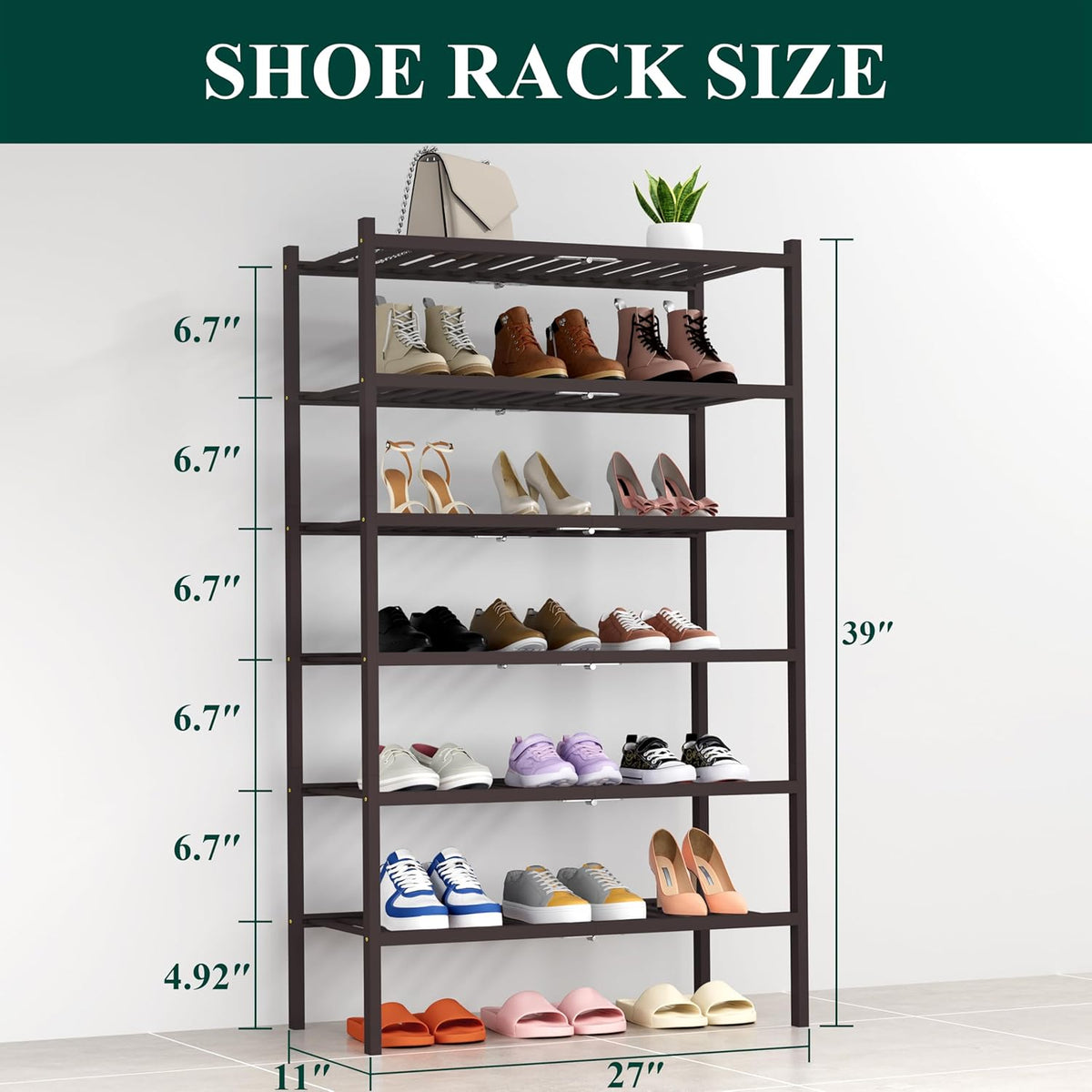 Smiry Shoe Rack, 6 Tier Thick Bamboo Shoe Organizer, Stackable Free Standing Wooden Shoe Storage Shelf for Closet, Entryway, Front Door Entrance, Brown