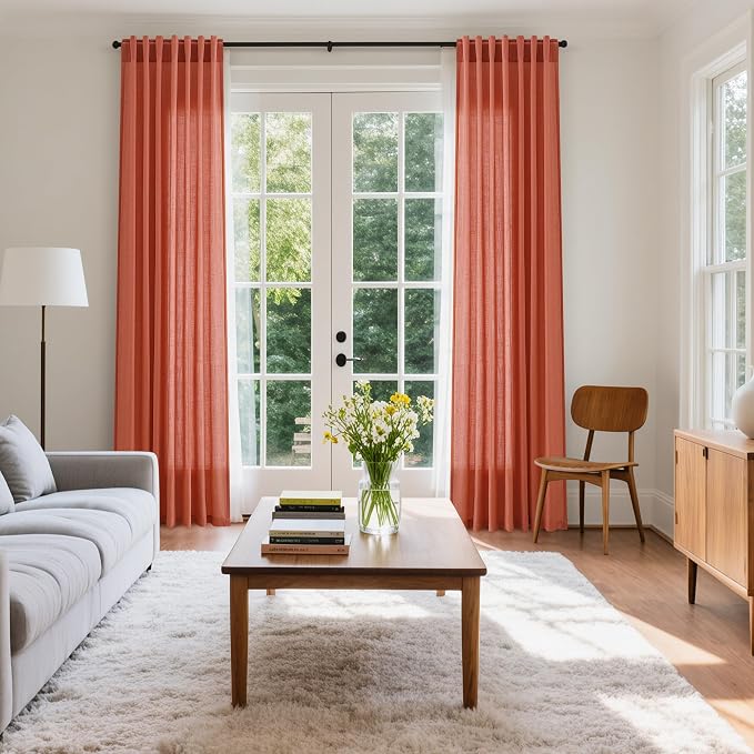 Nanspring Coral Linen Curtains 120 Inches Long 2 Panels Set Back Tab Loop
