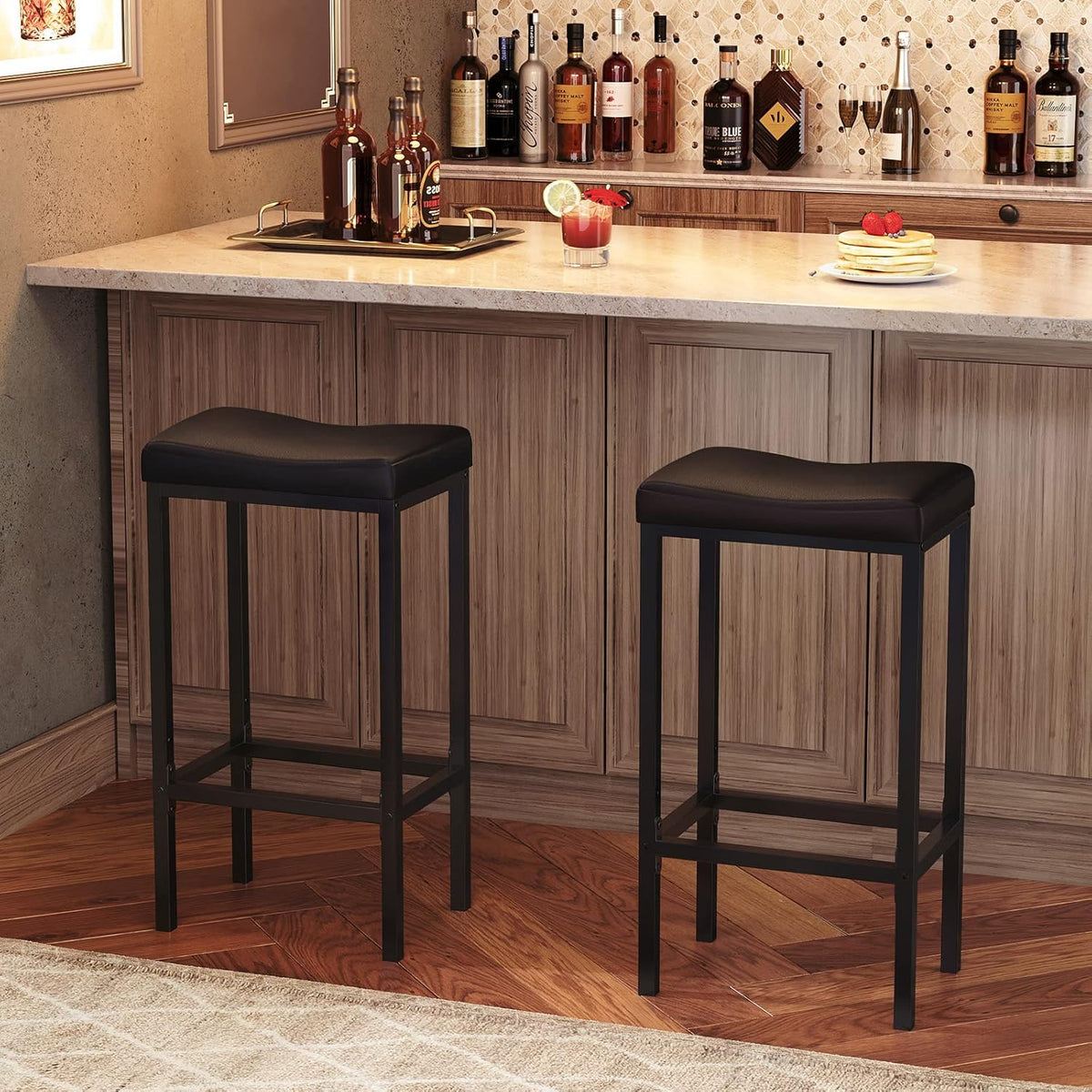 HOOBRO Bar Stools, Set of 2 Bar Chairs, Counter Height Stools, Saddle Barstools with Curved Surface, 24.8 Inches, 2.4" Thick Upholstery, for Kitchen, Dining Room, Cafe Black BB10BY01