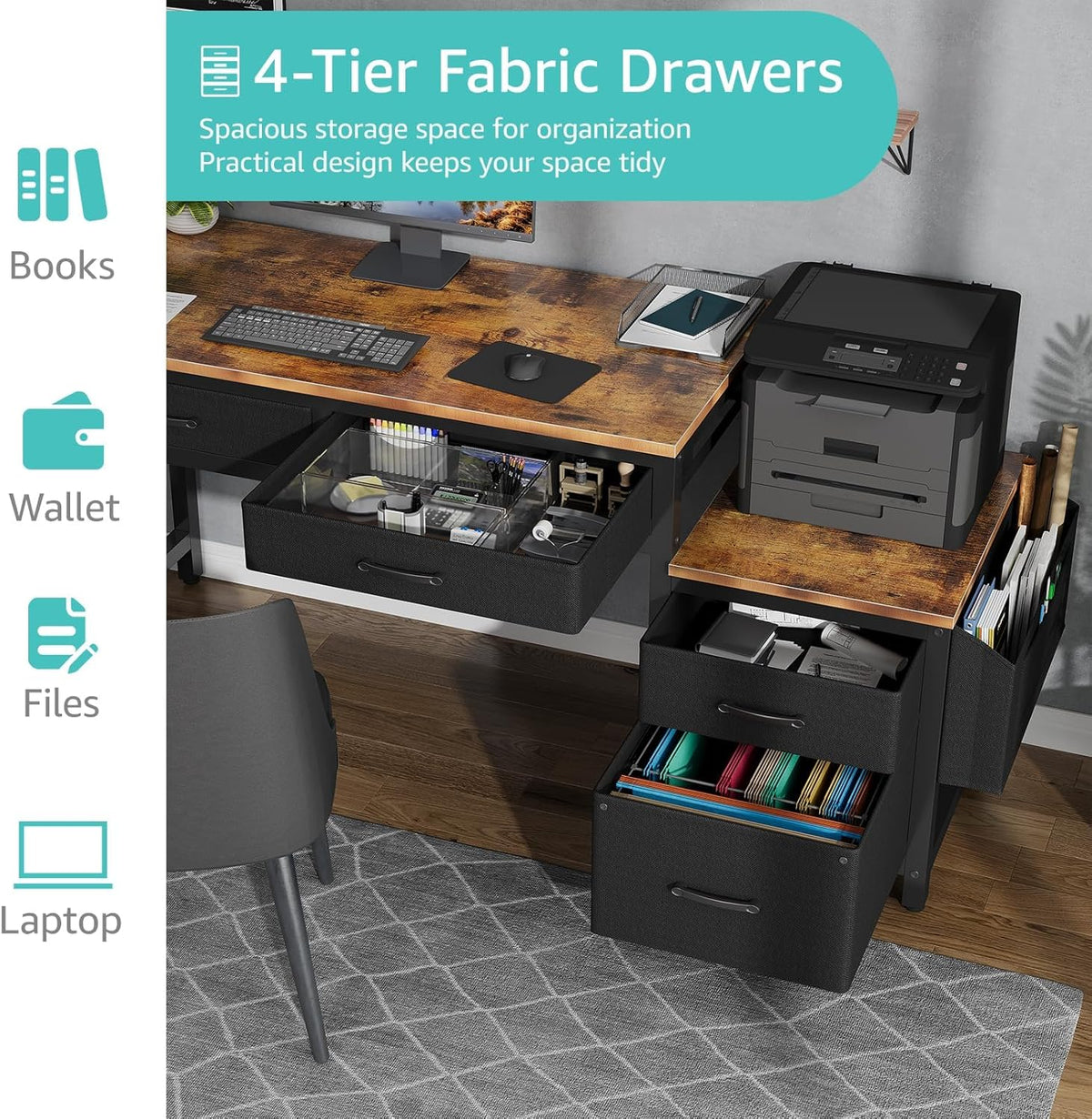 Lufeiya Computer Desk with Fabric File Drawers Cabinet, 57 Inch Home Office Desks with Filing Cabinet Printer Stand for Small Space, Study Writing Table PC Gaming Desks for Bedroom, Brown Black
