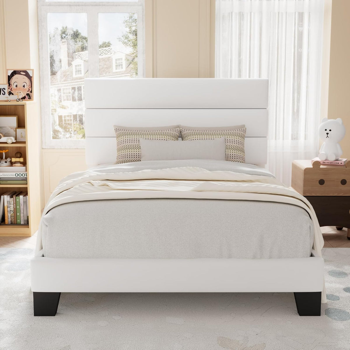 Allewie Twin Size Platform Bed Frame with Velvet Upholstered Headboard and Wooden Slats Support, Fully Upholstered Mattress Foundation/No Box Spring Needed/Easy Assembly, White