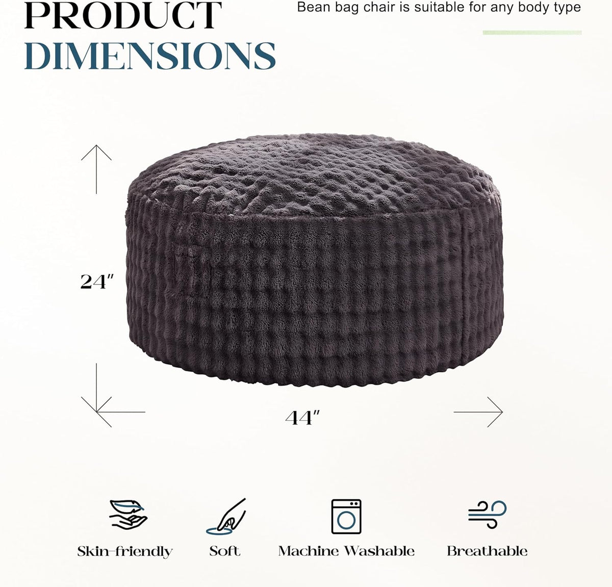 Hobestluk Bean Bag Chairs 4ft Beanbag Chair with Filler Adult Bean Bags with Fluffy & Machine Washable Cover, Giant Bean Bag Chairs for Adults (Dark Grey, 4FT-44" x 44" x 24")
