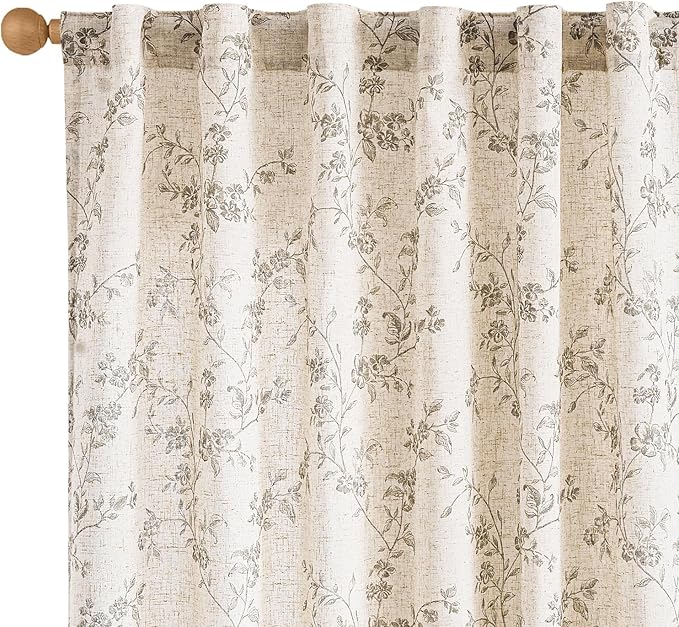 Lazzzy Grey Floral Linen Curtains 84 Inch Length Farmhouse Curtain Back Tab