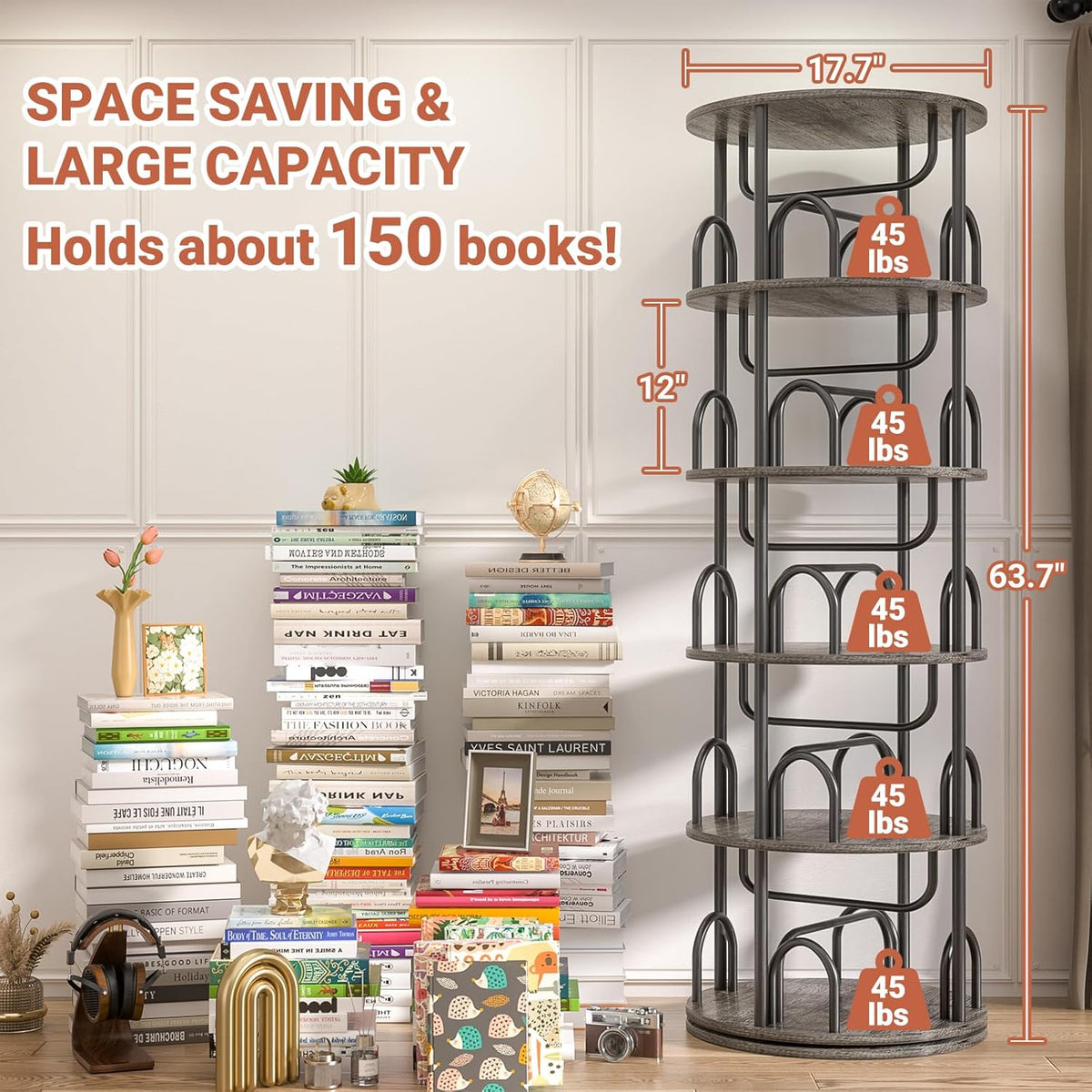 Aheaplus 5 Tier Rotating Bookshelf Tower, 360 Display Spinning Bookcase, Revolving Round Book Shelf Narrow Swivel Bookshelf, Vertical Turning Corner Book Organizer for Small Space, Black Oak
