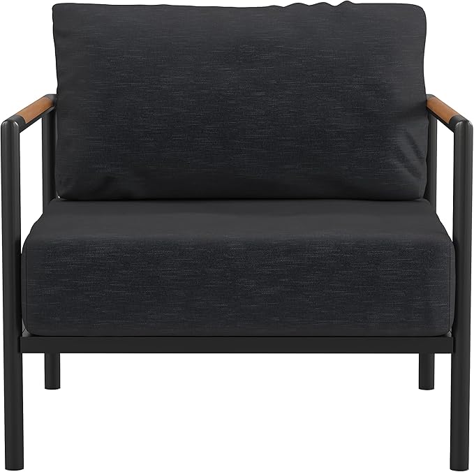 Flash Furniture Lea Indoor/Outdoor Patio Chair with Cushions - Modern Aluminum Framed Chair with Teak Accented Arms, Black with Charcoal Cushions