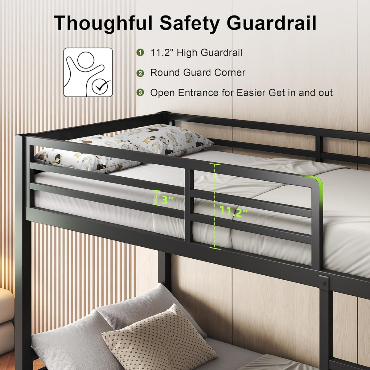 Feonase Metal Twin Over Twin Bunk Bed with Ladder and High Guardrail, Heavy-Duty Metal Slats Support, Noise Free, No Box Spring Needed, for Kids and Juniors, Black