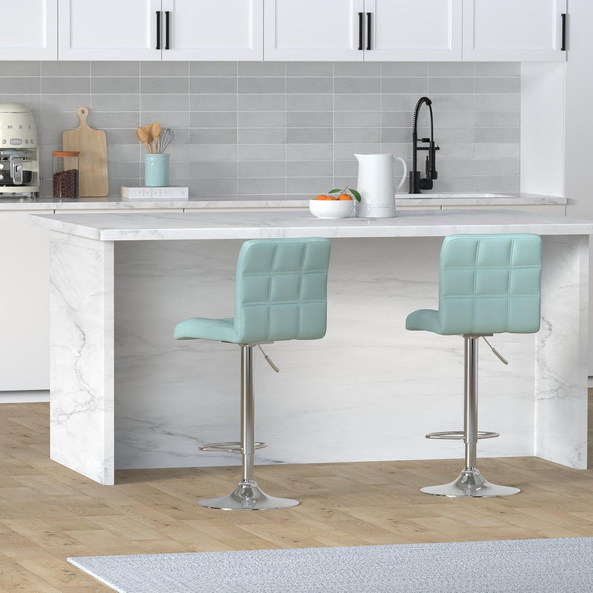 Leopard Modern Square PU Leather Adjustable Bar Stools with Back, Square Back Bar Stools Set of 2,Counter Height Swivel Stool (Mint Green)