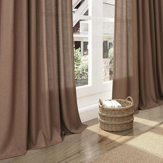 Caramel Brown Linen Curtains for Living Room Extra Long 132 Inches Long Back