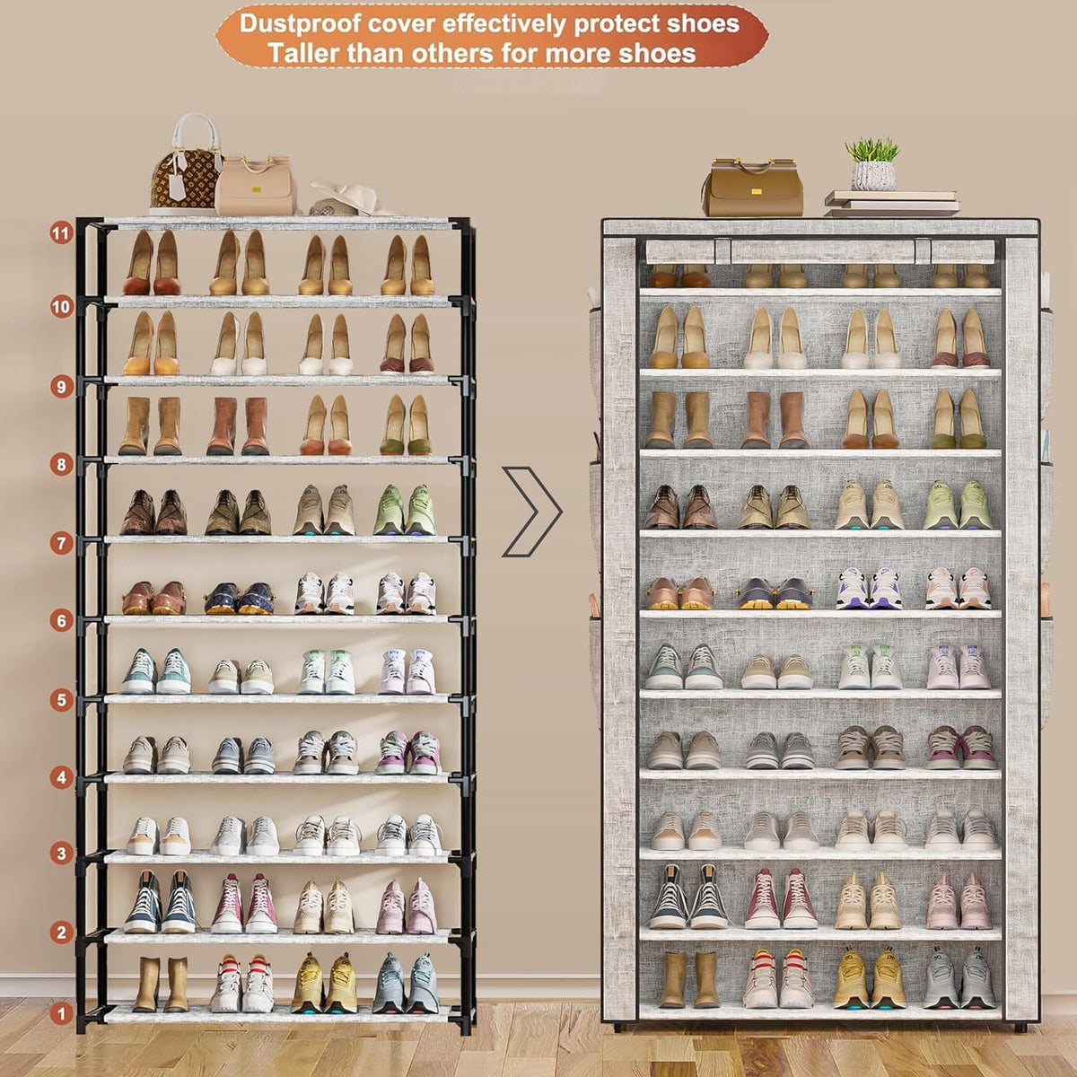 Shoe Rack 10Tier Large Capacity 50-56Pairs Beautiful Tall Shoe Shelf Free Standing Storage Cabinet Entryway Closet