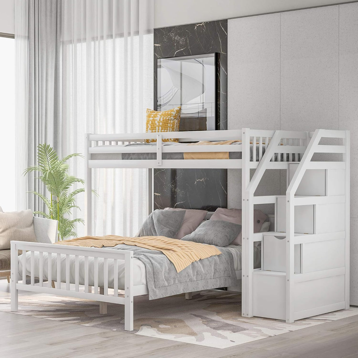 Twin Over Full Wood Loft Bed with Staircase,High Guardrails and Ladder-Handrails,Ladder W/ 3 Storage Grids,Bedroom Furniture for Children,Teens,Adults,White