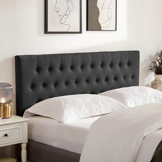 Tufted Upholstered Headboard Queen Size, Solid Wood Head Board with Durable Metal Legs, Adjustable Height Bed headboard from 37” to 51” Fabric Headboard in Modern Button Design (Black)