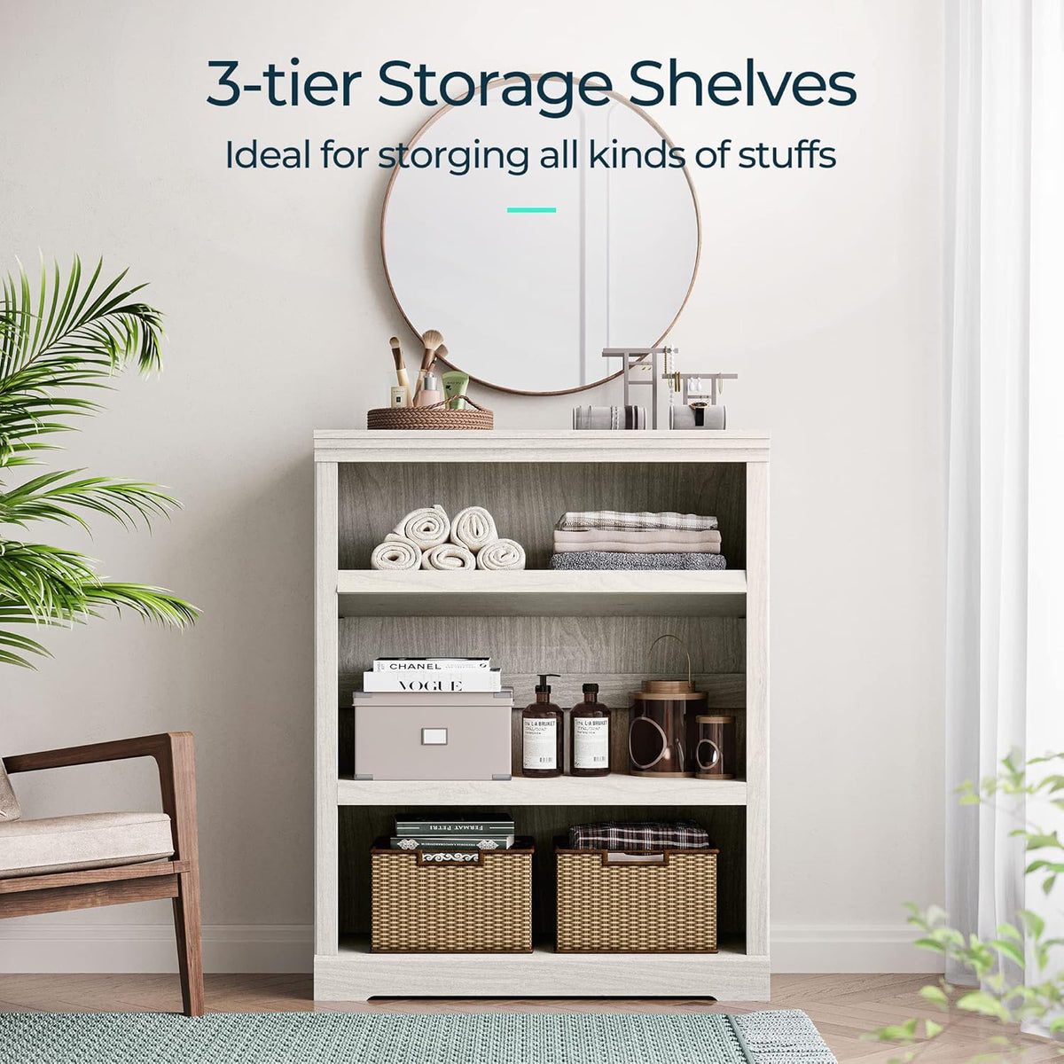 LINSY HOME 3-Tier Bookcase and Bookshelf, Small Wood Display Storage Shelves Farmhouse Bookshelf for Home Office, Living Room, Bed Room - White Oak