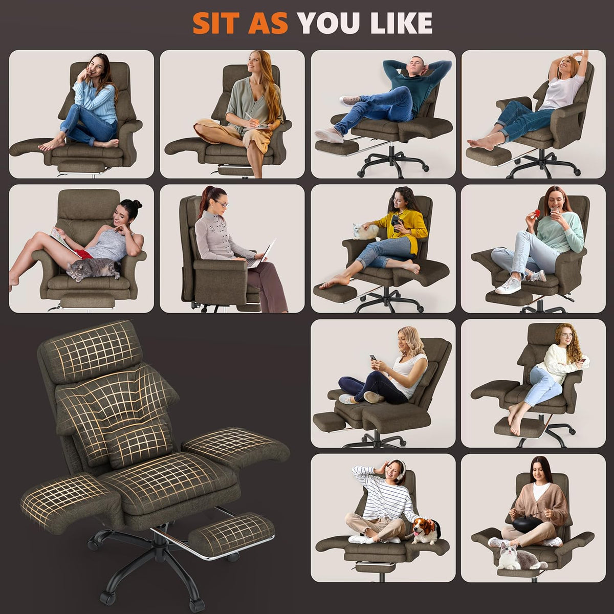 ELABEST C39 Cross Legged Office Chair with Footrest & Convertible Armrests - Pet-Friendly XL Home Desk Chair, Ergonomic Recliner with Lumbar Pillow, Criss Cross Design, Big and Tall Executive Chair