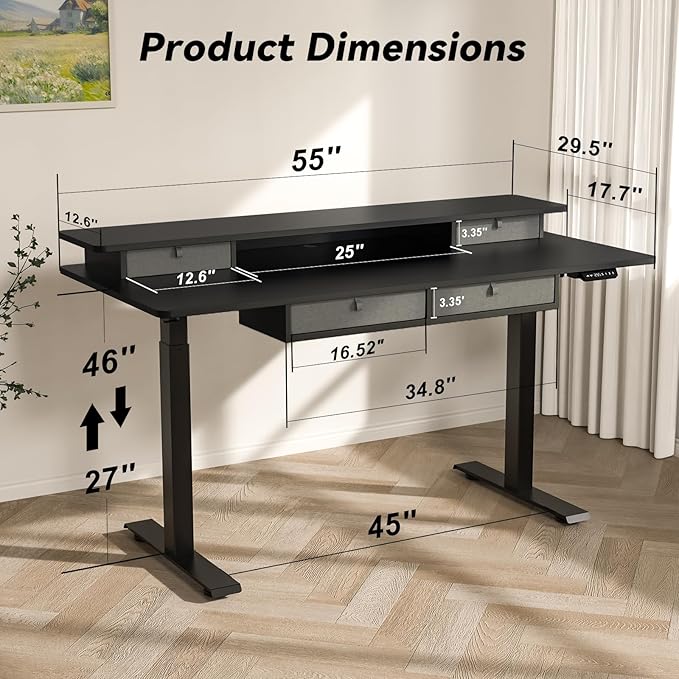 FiCiHi Adjustable Height Standing Desk with 4 Drawers,55 x 30 inches Electric Sit Stand Desk for Home Office,3 Memory Presets,Monitor Stand Riser,USB A/C Charging Port