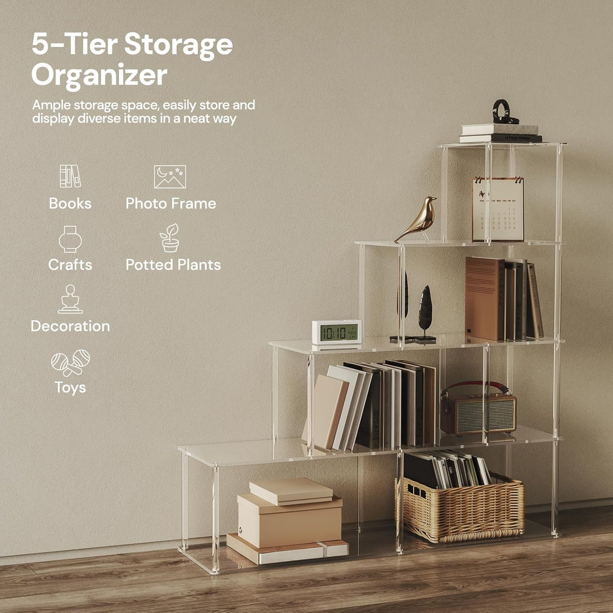 5-Tier Acrylic Stepped Bookshelf with 6 Cube, Modern Bookcase, Clear Open Book Shelf for Home Office, Living Room, Bedroom, 11.8" D x 47.2" W x 49.2" H