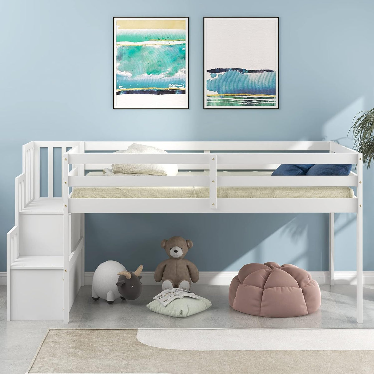HomSof Loft Bed with Stairs and Storage,White