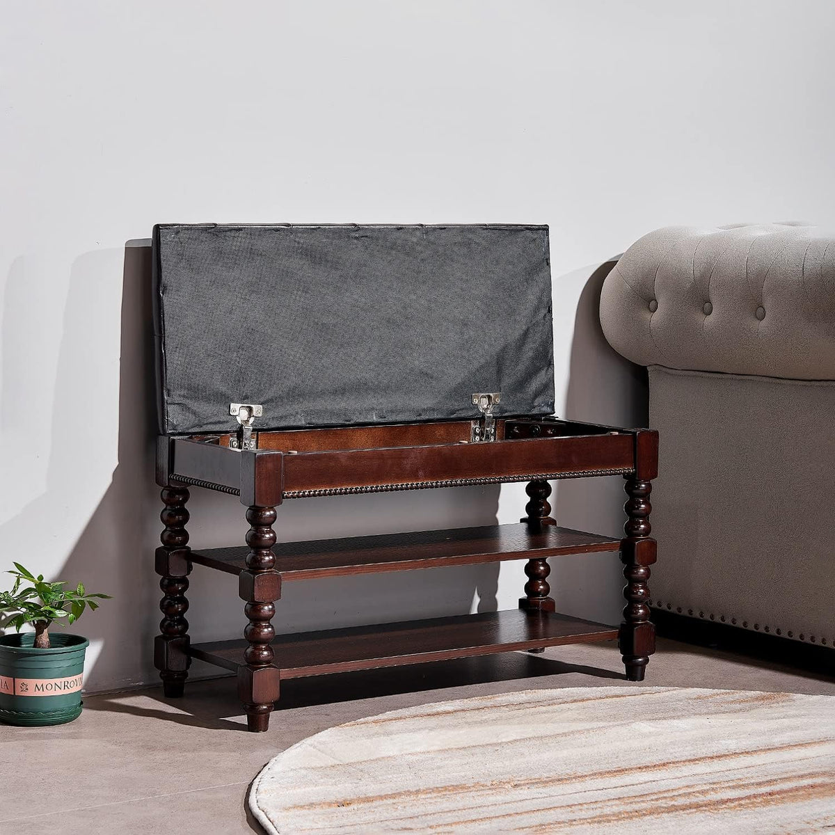 Shoe Storage Bench, Entryway Shoe Rack with Leather Seat 2-Tier Lift-top Organizer Wooden Bench for Foyer Bedroom Living Room Accent Furniture (39.4'')
