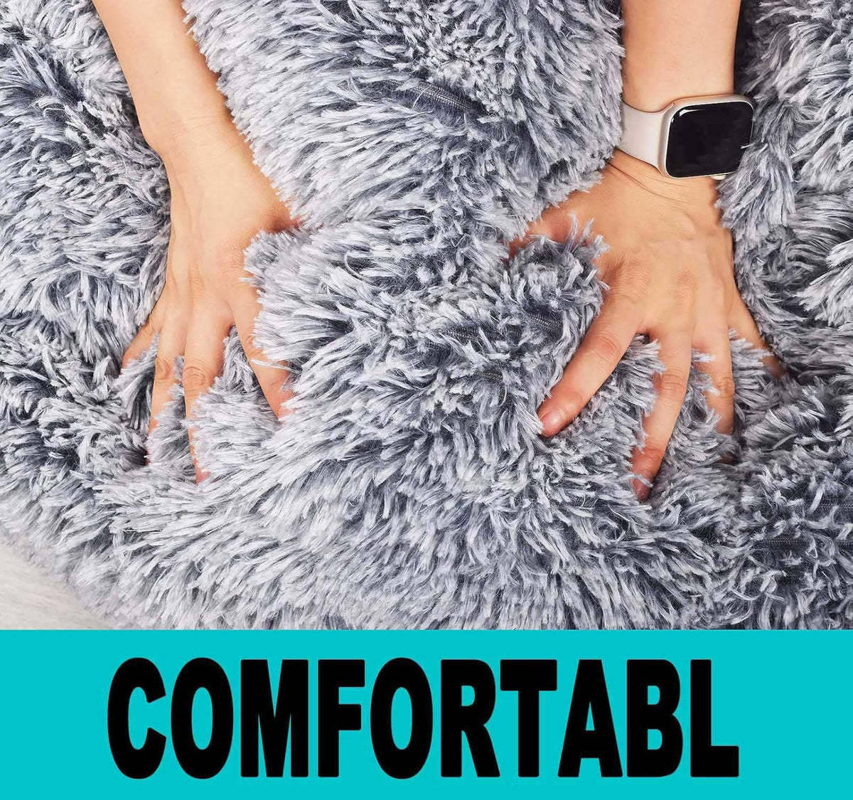 Fluffy Bean Bag Chair, 3FT Round Memory Foam Filled Bean Bag for Teens & Kids, Ultra Soft Faux Fur Fabric Bean Bag Chairs for Playroom, Living Room, Bedroom, Gray