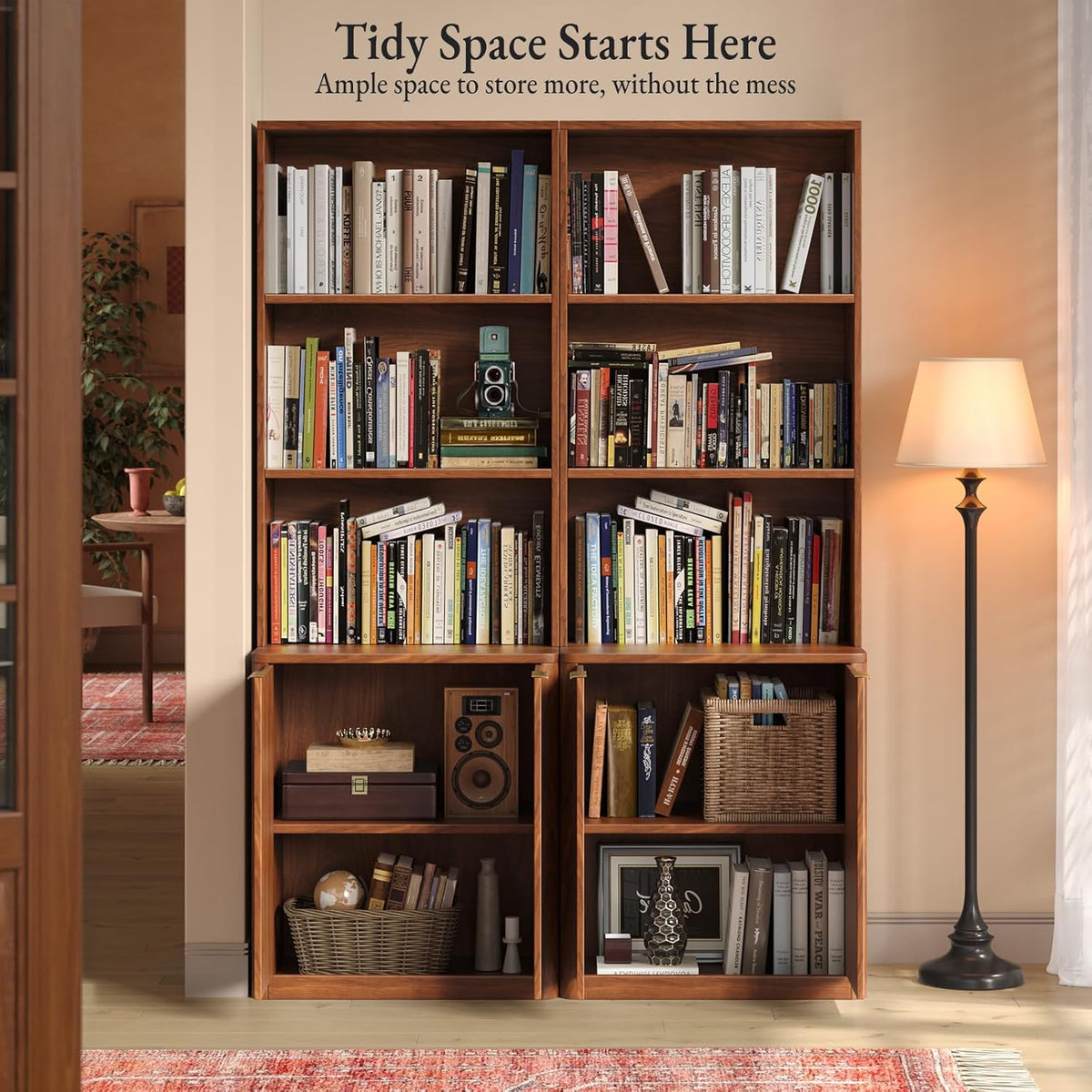 71" Walnut Bookcase with Doors, 5 Tier Fluted Tall Bookshelf with Storage, Librero with Cabinet for Home Office, Living Room,or Bedroom
